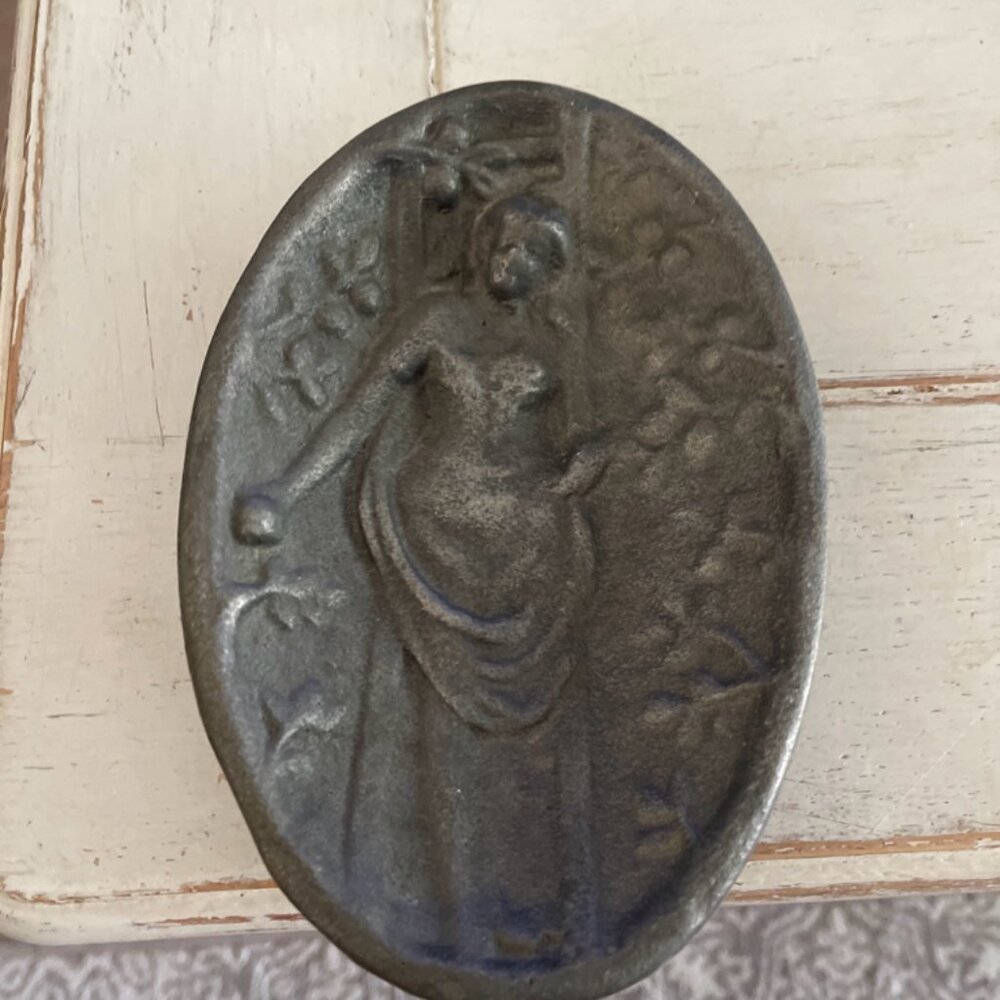 Vintage Risqué Woman In Bustier Cast Pewter Dual Sided Trinket Dish